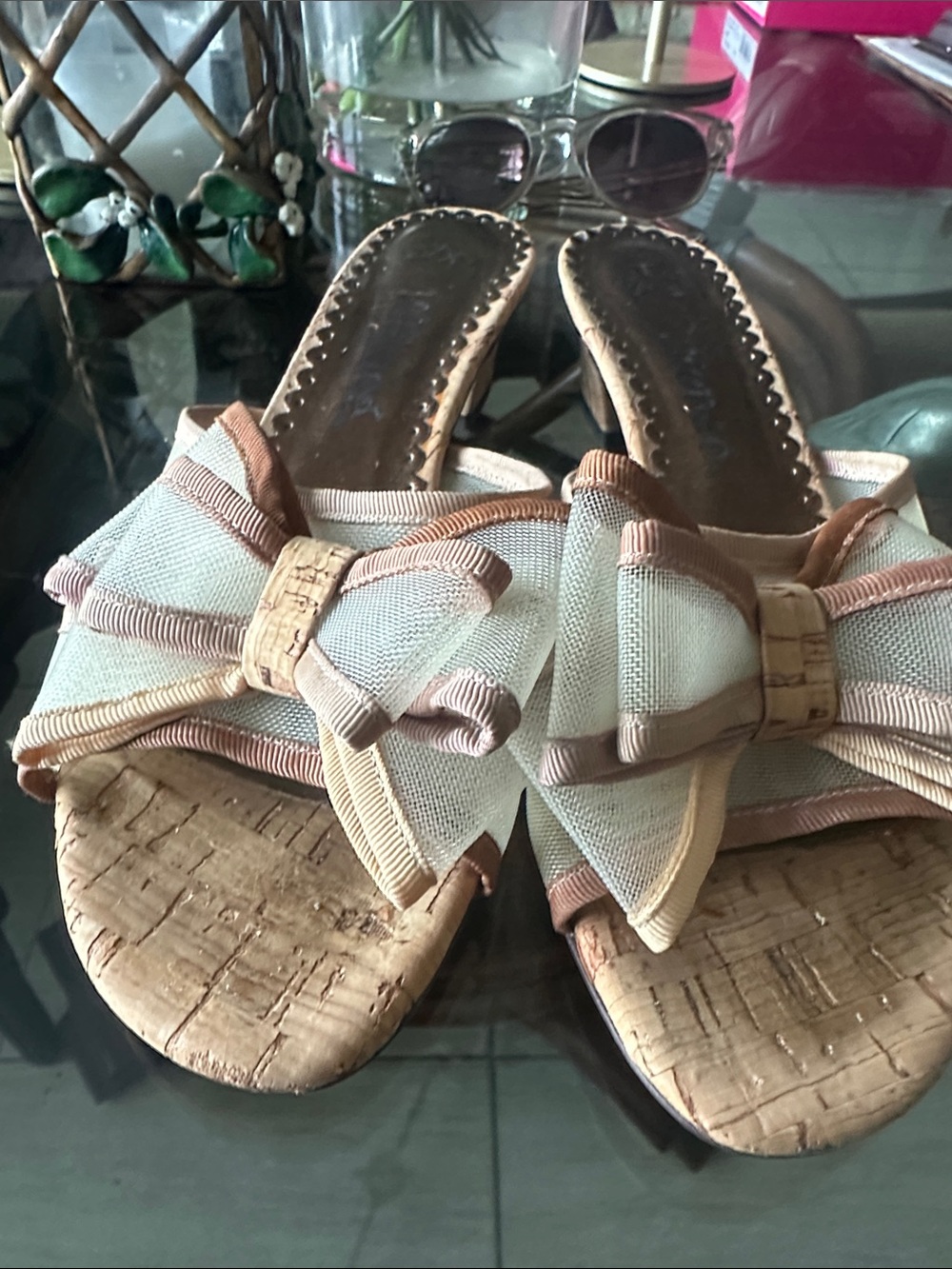 J.Renee Neutral Bow Cork Slide Mules in Beige and Tan
